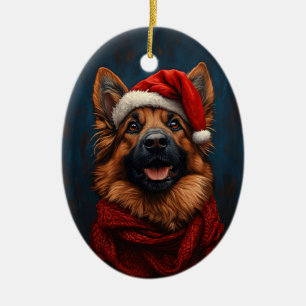 German Shepherd in a Santa Hat Ceramic Ornament