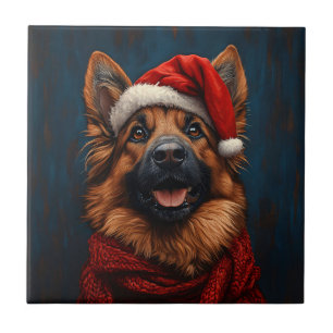 German Shepherd in a Santa Hat Ceramic Tile