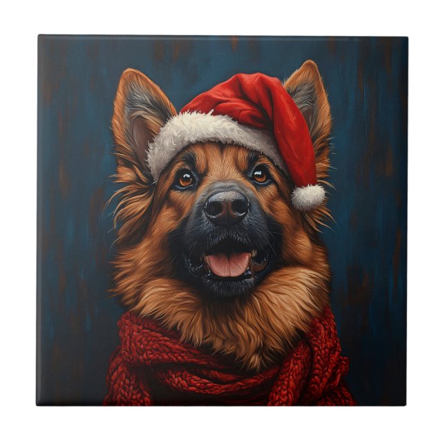 German Shepherd in a Santa Hat Ceramic Tile (Front)
