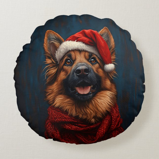German Shepherd in a Santa Hat Round Cushion (Front)