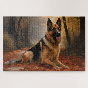 German Shepherd  in Autumn Leaves Fall Inspire  Jigsaw Puzzle