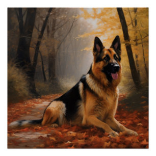 German Shepherd  in Autumn Leaves Fall Inspire  Poster