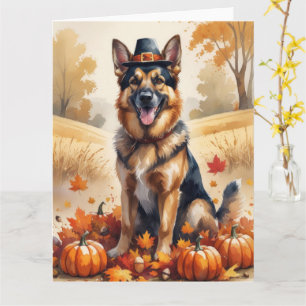 German Shepherd In Autumn Leaves Thanksgiving Art Card