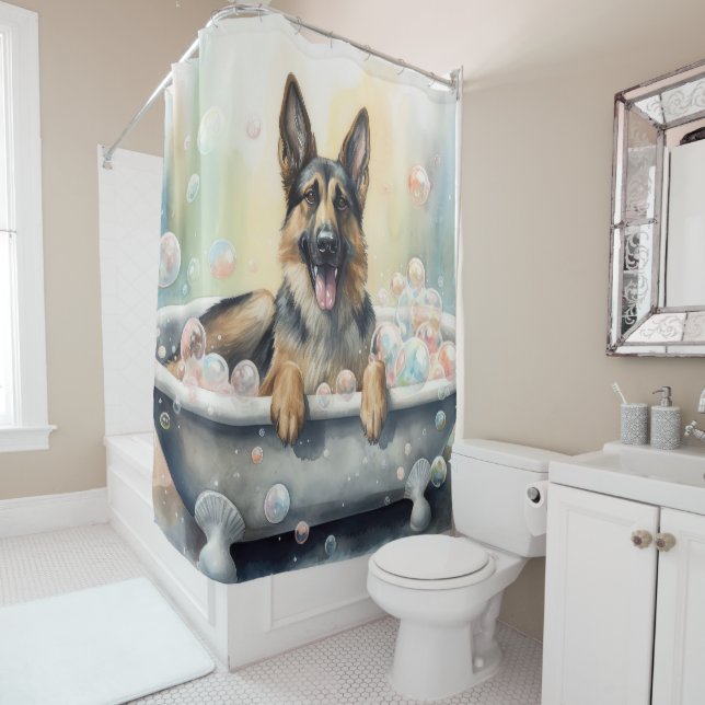 German Shepherd In Bathtub Watercolor Dog Art Shower Curtain (In Situ)