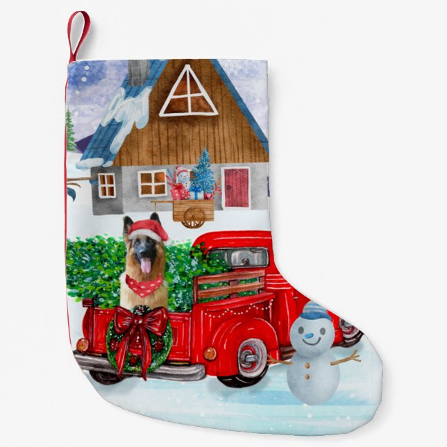 German Shepherd In Christmas Delivery Truck Snow Small Christmas Stocking (Front)