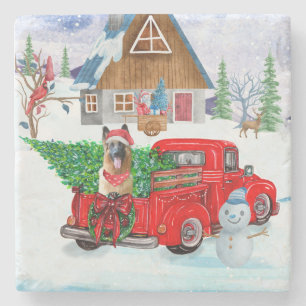 German Shepherd In Christmas Delivery Truck Snow Stone Coaster