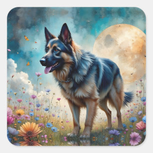 German Shepherd in Floral Field Square Sticker