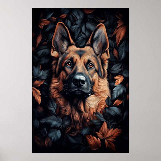 German Shepherd in Leaves Poster (Front)