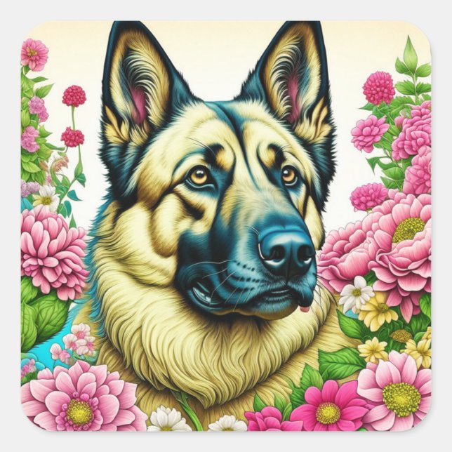 German Shepherd in Pink Flowers Ai Art Square Sticker (Front)