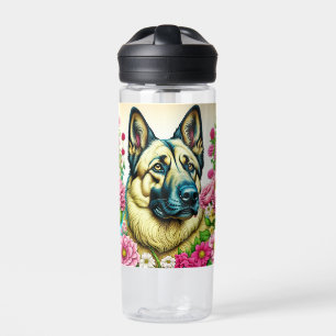 German Shepherd in Pink Flowers Ai Art Water Bottle