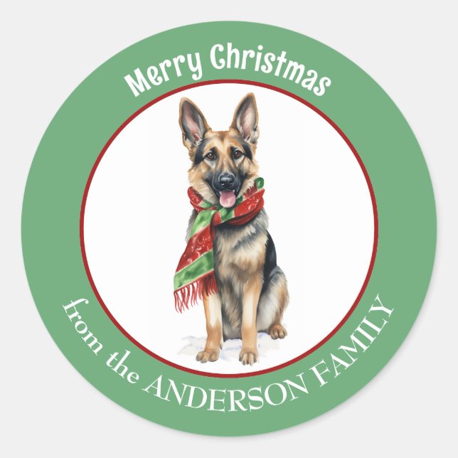 German Shepherd in Red and Green Christmas Scarf Classic Round Sticker (Front)