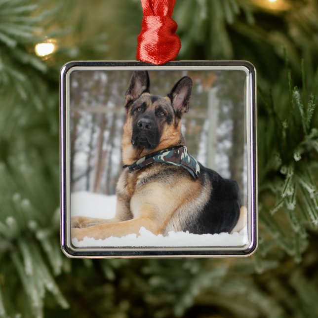 German Shepherd In Snow Metal Ornament (Tree)