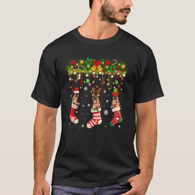 German Shepherd In Sock Xmas Reindeer Santa Elf Do T-Shirt (Front)