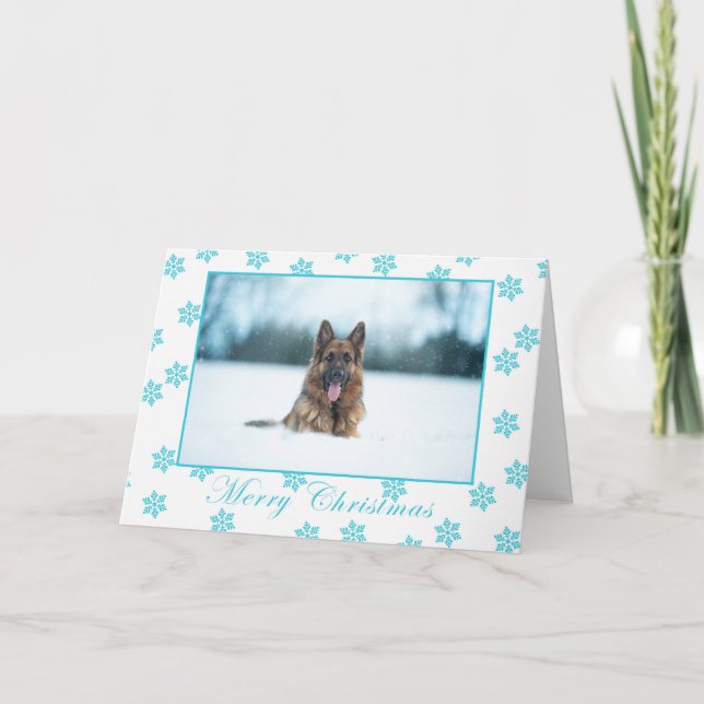 German shepherd in the snow christmas card. card (Front)