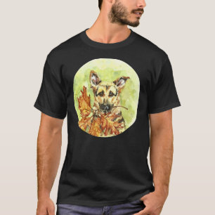 German Shepherd In Watercolor Holding Yellow Leave T-Shirt