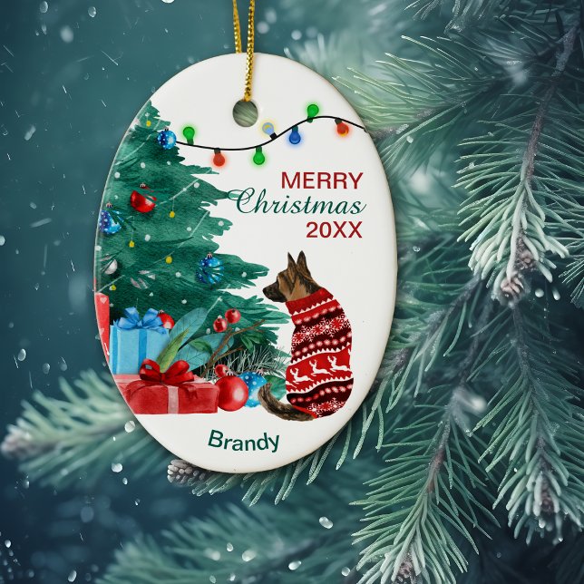 German Shepherd in Winter Sweater Holiday Tree Ceramic Ornament (Creator Uploaded)