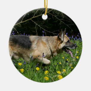 German Shepherd in Yellow Flowers Ceramic Ornament