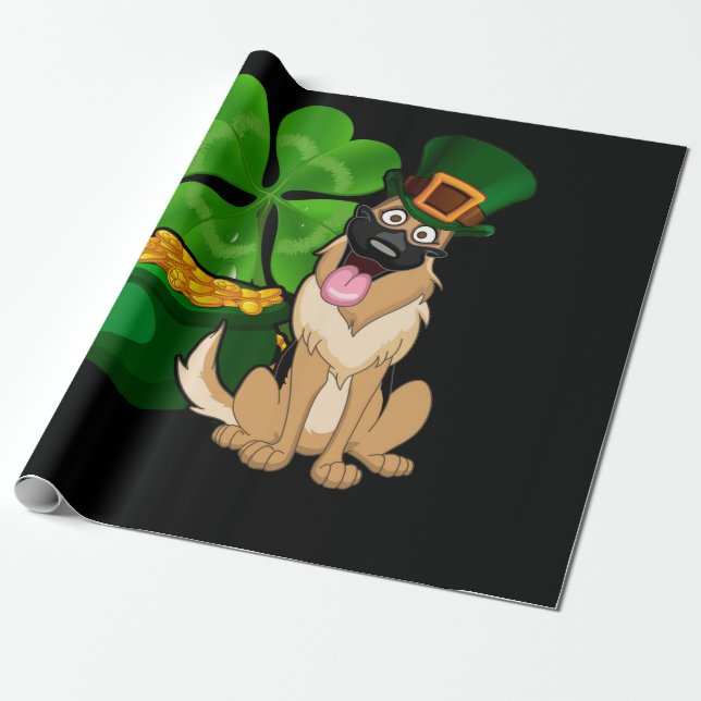 German Shepherd Irish Clover St Patrick Day Dog Wrapping Paper (Unrolled)
