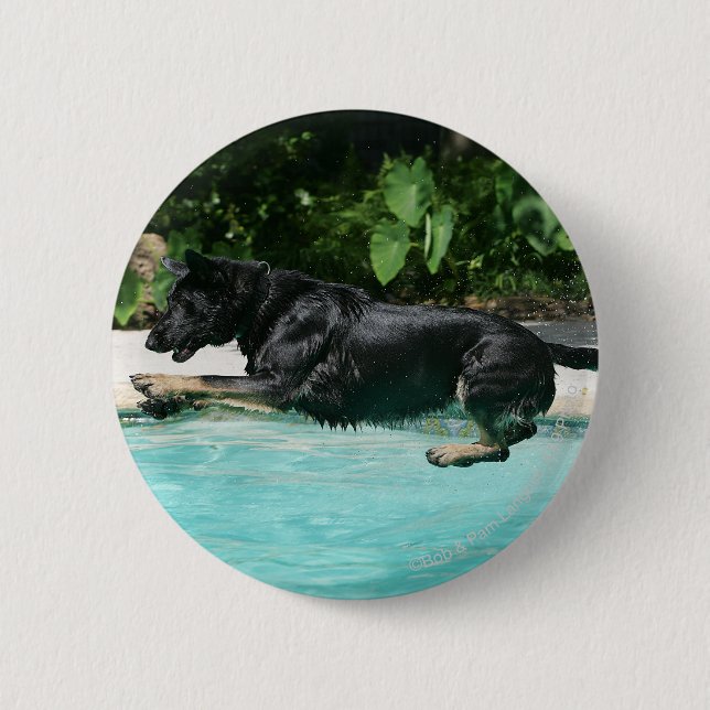 German Shepherd Jumping in Water 6 Cm Round Badge (Front)
