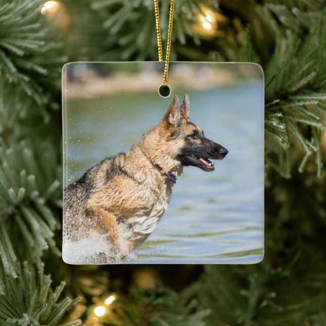 German Shepherd Leaps Into Water Ceramic Ornament (Tree)