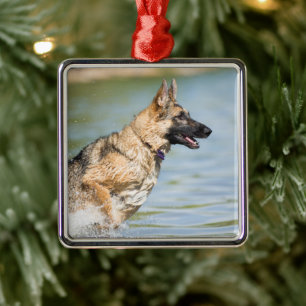 German Shepherd Leaps Into Water Metal Ornament