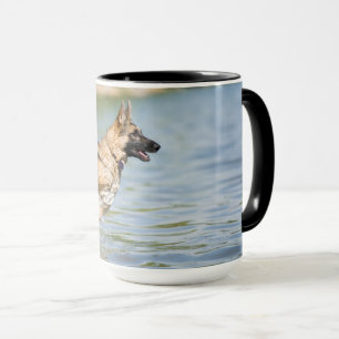 German Shepherd Leaps Into Water Mug