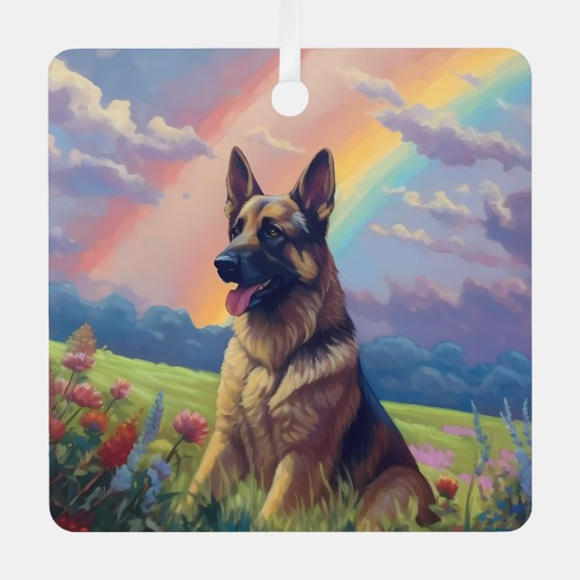 German Shepherd Memorial Custom Dog Name Rainbow Metal Tree Decoration (Front)