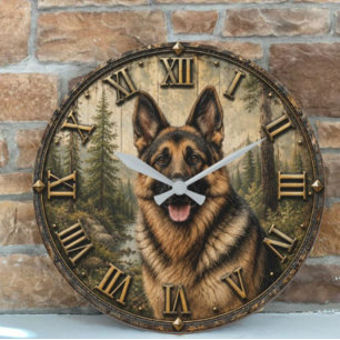 German Shepherd Mountain Forest Rustic Large Clock
