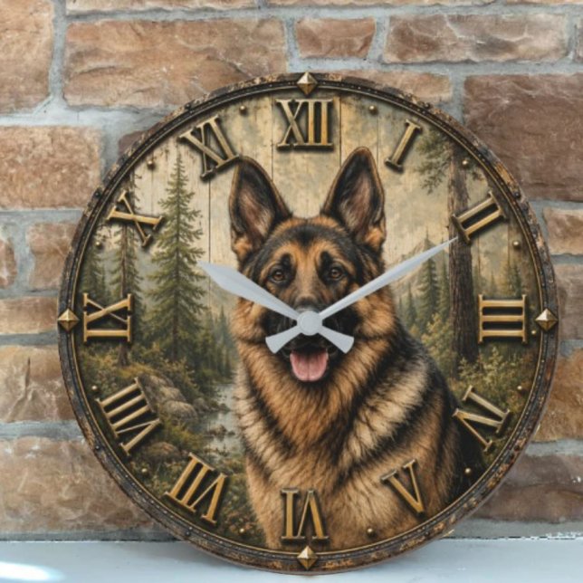 German Shepherd Mountain Forest Rustic Large Clock (Creator Uploaded)