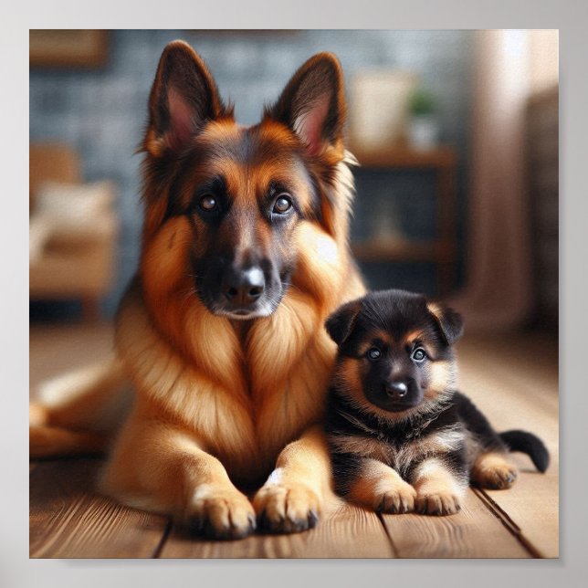 German Shepherd mum and her puppy Poster (Front)