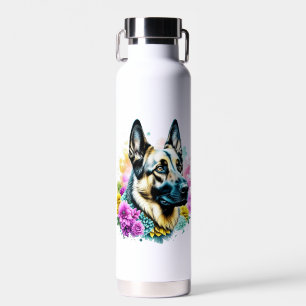 German Shepherd Mum Pink and Yellow Flowers Water Bottle