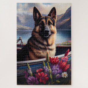 German Shepherd on a Paddle: A Scenic Adventure Jigsaw Puzzle