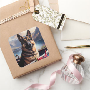 German Shepherd on a Paddle: A Scenic Adventure Square Sticker