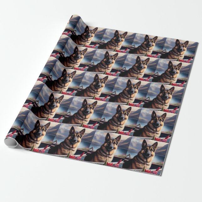 German Shepherd on a Paddle: A Scenic Adventure Wrapping Paper (Unrolled)