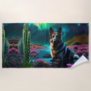 German Shepherd on an Alien World Beach Towel