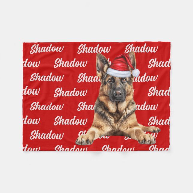 German Shepherd on Red with Name Christmas Dog Fleece Blanket (Front (Horizontal))