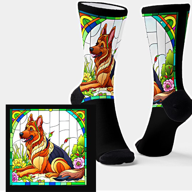 German Shepherd on Stained Glass on Black Socks (Creator Uploaded)