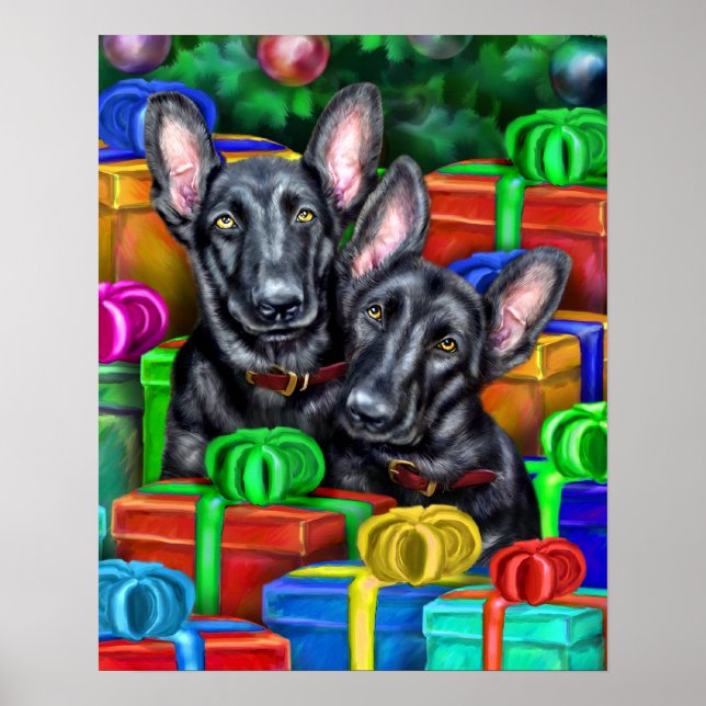 German Shepherd Open Gifts Blk Christmas Poster (Front)