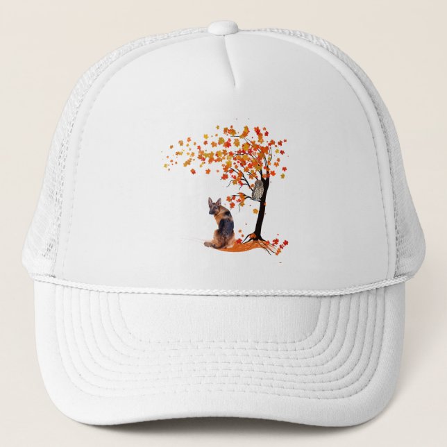 German Shepherd Owl And Fall Tree Dog Owner Autumn Trucker Hat (Front)