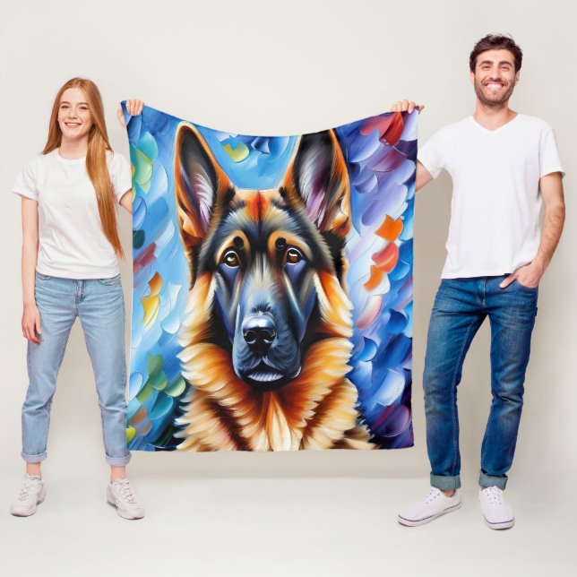 German Shepherd Painting Blue Background Fleece Blanket (In Situ)