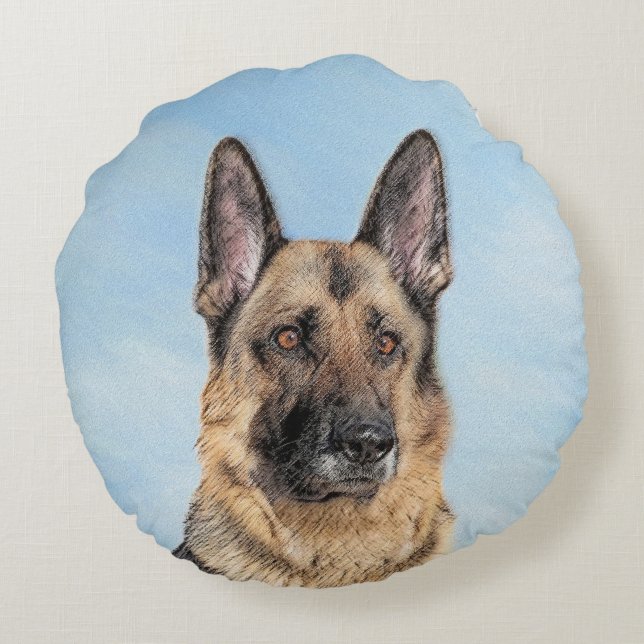 German Shepherd Painting - Cute Original Dog Art Round Cushion (Back)