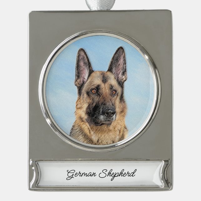 German Shepherd Painting - Cute Original Dog Art Silver Plated Banner Ornament (Front)