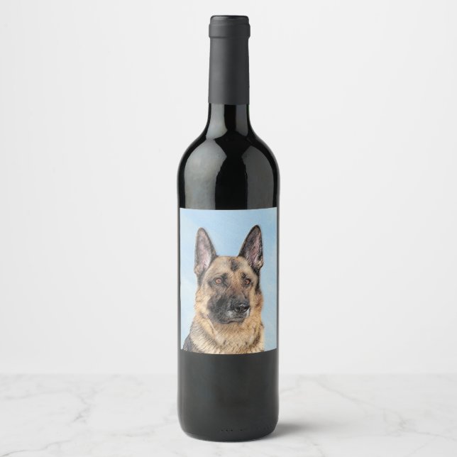 German Shepherd Painting - Cute Original Dog Art Wine Label (Front)