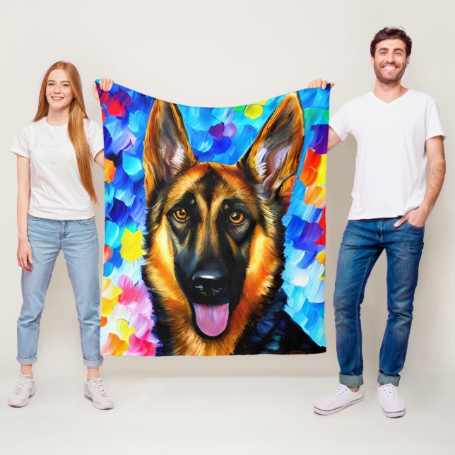 German Shepherd Painting Multi Colour Background Fleece Blanket (In Situ)