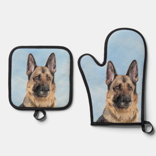 German Shepherd Painting Tan Cute Original Dog Art Oven Mitt & Pot Holder Set (Front)