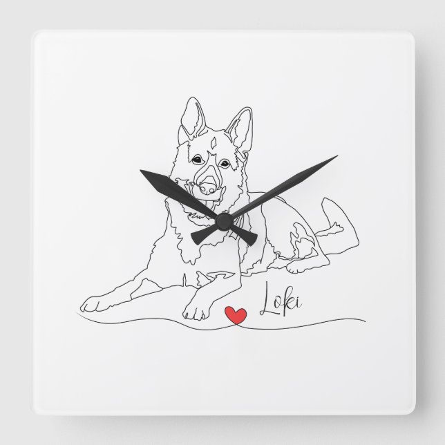 German Shepherd Pet Line Art with Name Square Wall Clock (Front)