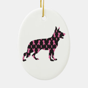 German Shepherd Pink Cancer Ribbons Ceramic Tree Decoration