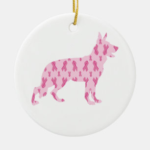 German Shepherd Pink Cancer Ribbons Ceramic Tree Decoration