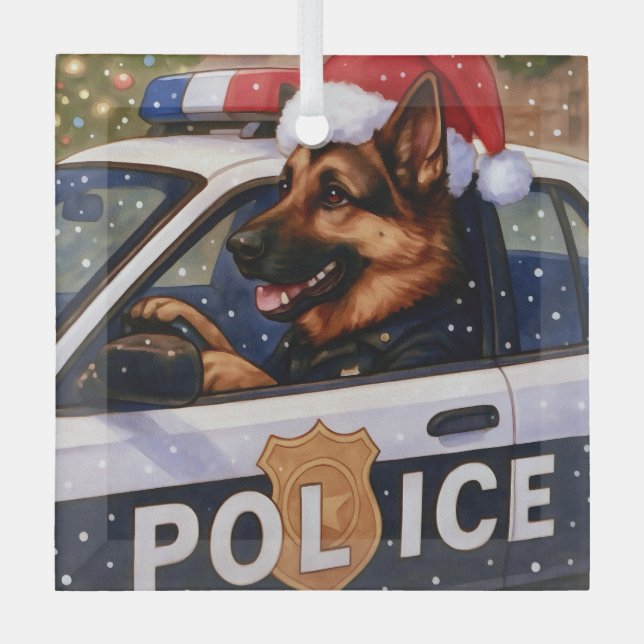 German Shepherd Police Holiday  Glass Tree Decoration (Front)