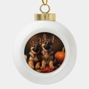 German Shepherd Puppy Autumn Delight Pumpkin  Ceramic Ball Christmas Ornament